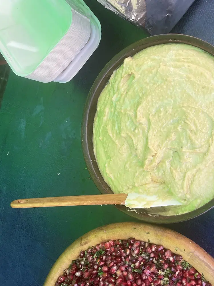 Wooden bowl of hummus with a spatula next to a bowl of pomegranate salad